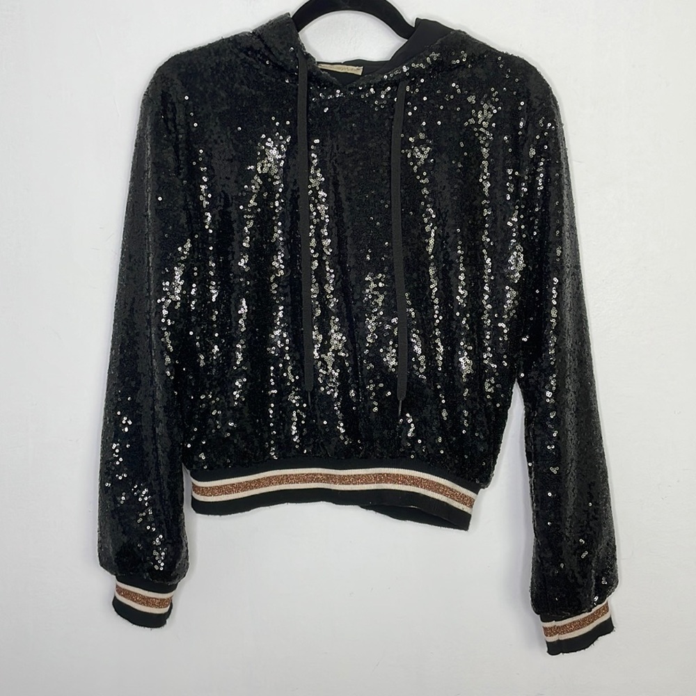 Susy Mix sequins ribbed stripes trim hoodie